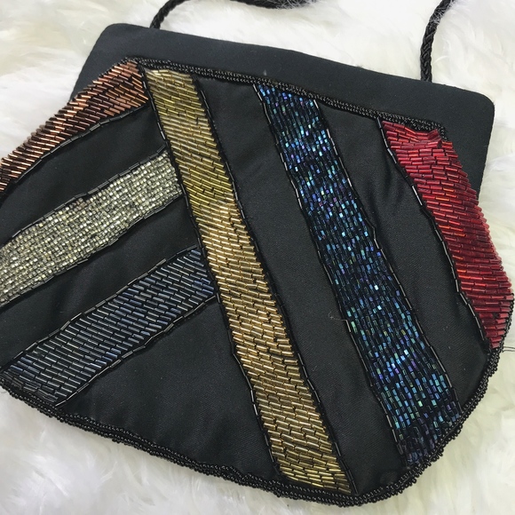 True Vintage La Regale Black Satin Beaded Handbag - Picture 6 of 8